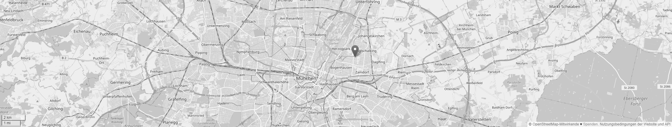Ein Screenshot von openstreetmap.org, der eine Karte von München zeigt mit einer Markierung am Kanzleistandort.