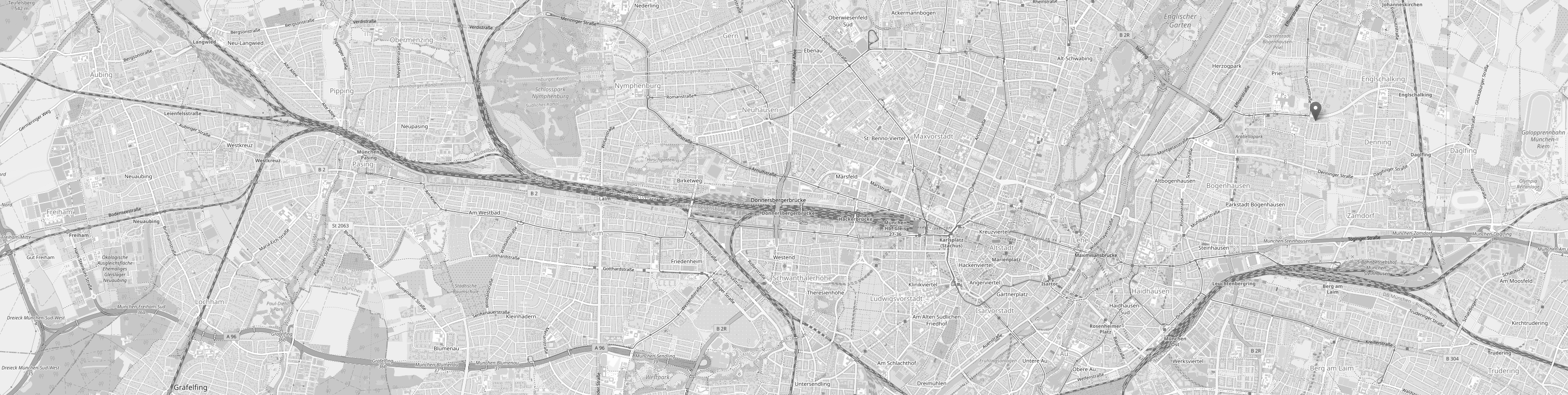 Ein Screenshot von openstreetmap.org, der eine Karte von München zeigt mit einer Markierung am Kanzleistandort.