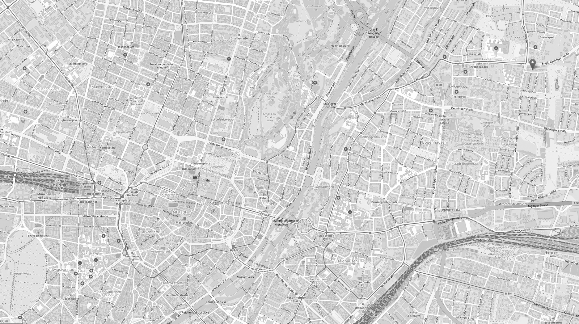 Ein Screenshot von openstreetmap.org, der eine Karte von München zeigt mit einer Markierung am Kanzleistandort.